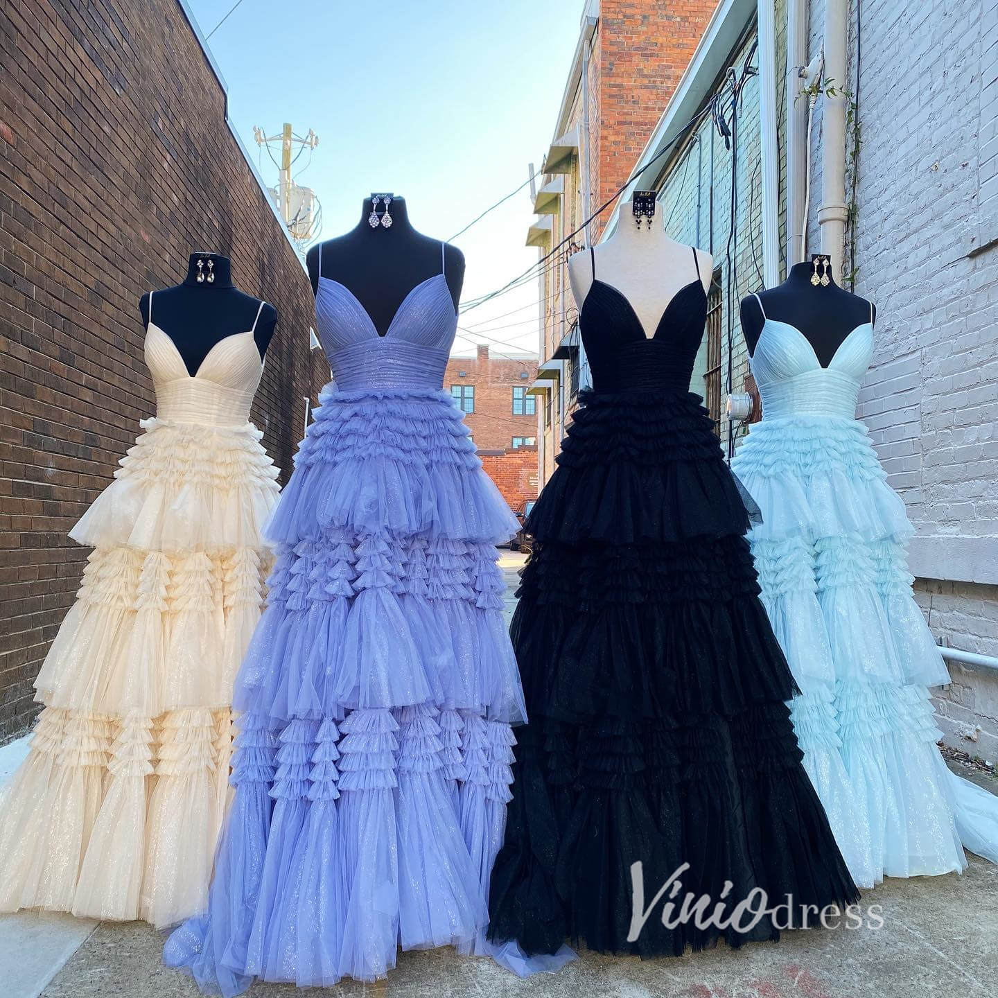 Prom Dress 2025 Light Blue Tiered Ruffle Tulle Prom Dresses with Slit FD2993-unique prom dresses-Light Blue-Custom Size-Viniodress