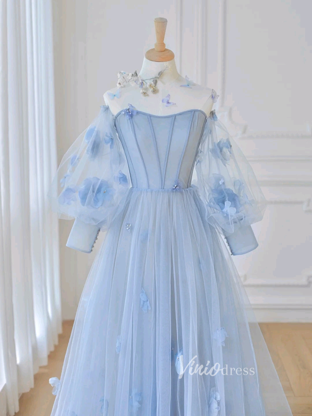 Prom Dress 2025 Light Blue Tulle Prom Dresses 3D Flower Long Sleeve Formal Dress FD3226-unique prom dresses-Light Blue-Custom Size-Viniodress