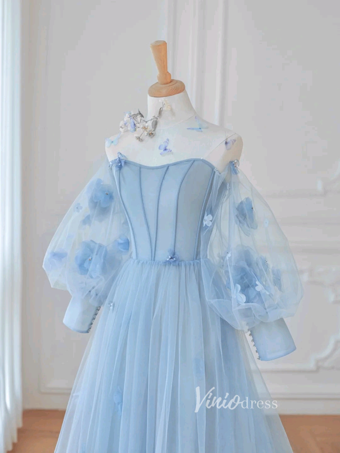 Prom Dress 2025 Light Blue Tulle Prom Dresses 3D Flower Long Sleeve Formal Dress FD3226-unique prom dresses-Light Blue-Custom Size-Viniodress