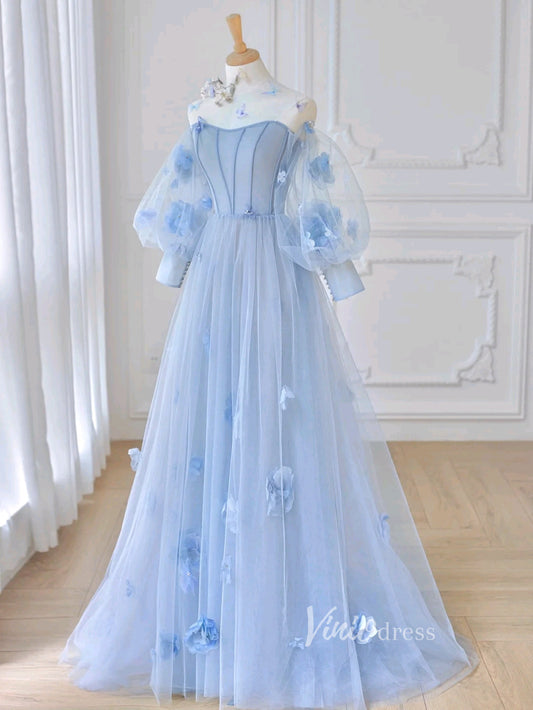 Prom Dress 2025 Light Blue Tulle Prom Dresses 3D Flower Long Sleeve Formal Dress FD3226-unique prom dresses-Light Blue-Custom Size-Viniodress