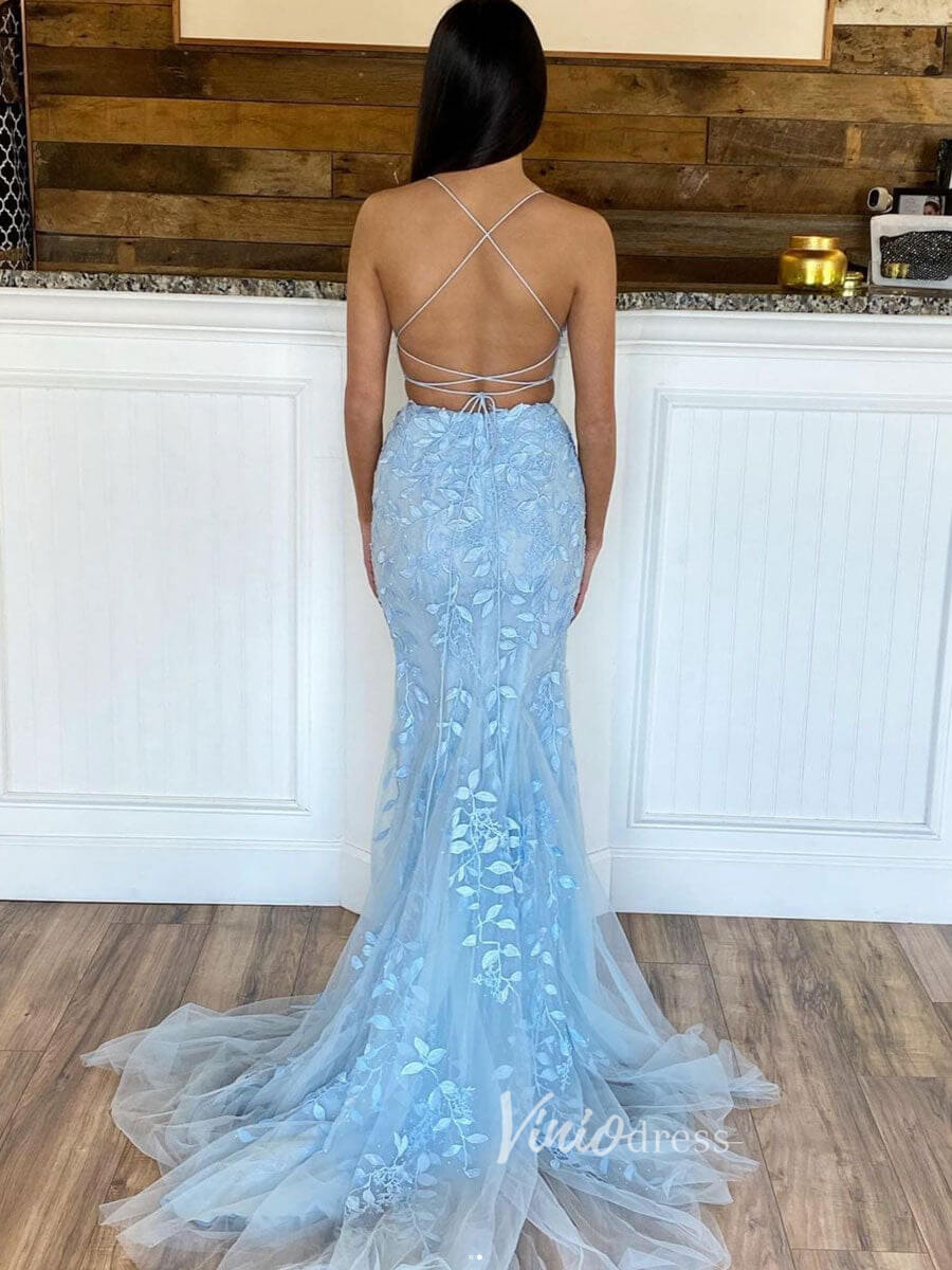 Prom Dress 2025 Light Blue Two Piece Mermaid Prom Dresses Lace Applique Evening Dress FD3085-unique prom dresses-Light Blue-Custom Size-Viniodress