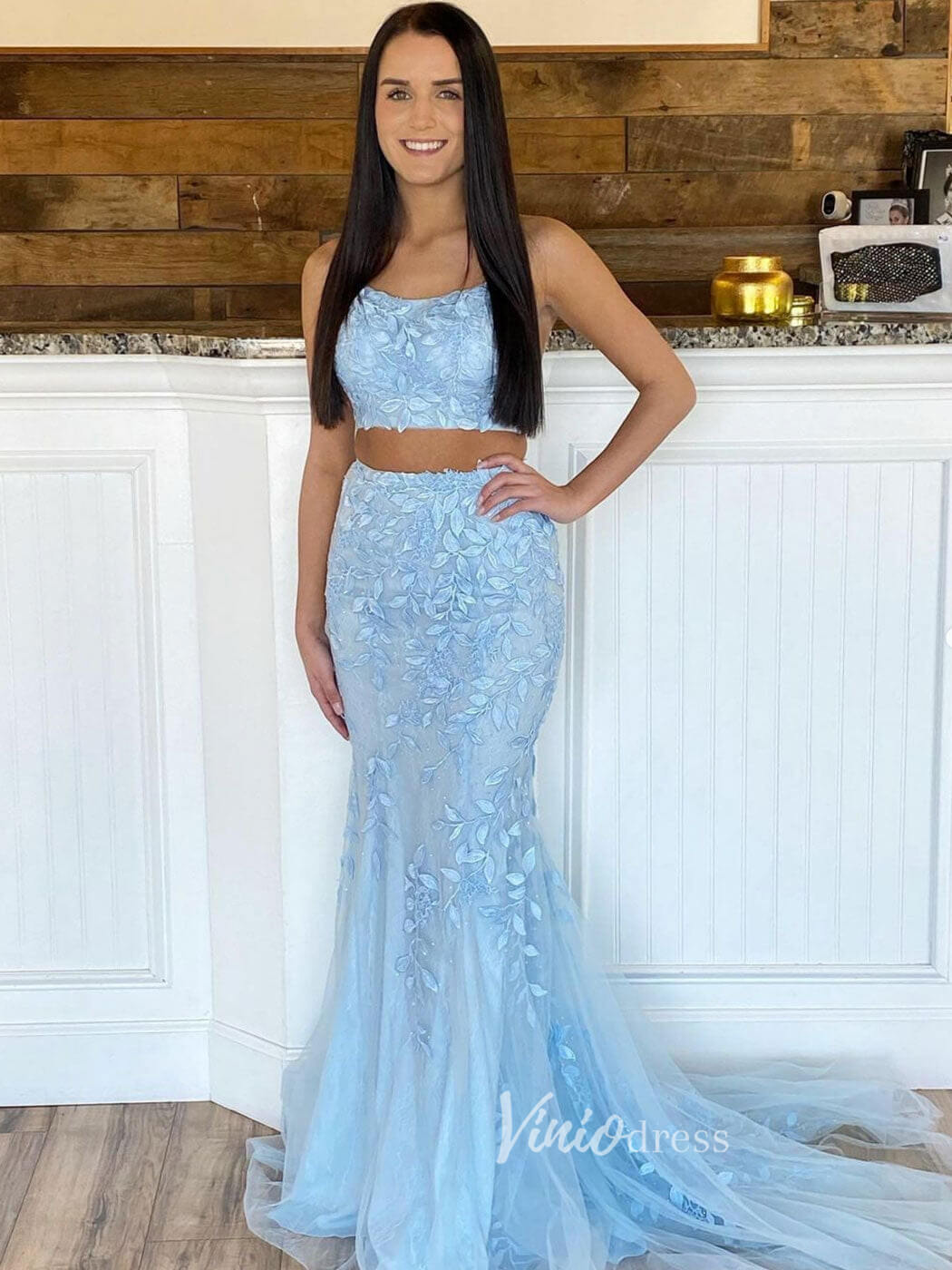 Prom Dress 2025 Light Blue Two Piece Mermaid Prom Dresses Lace Applique Evening Dress FD3085-unique prom dresses-Light Blue-Custom Size-Viniodress