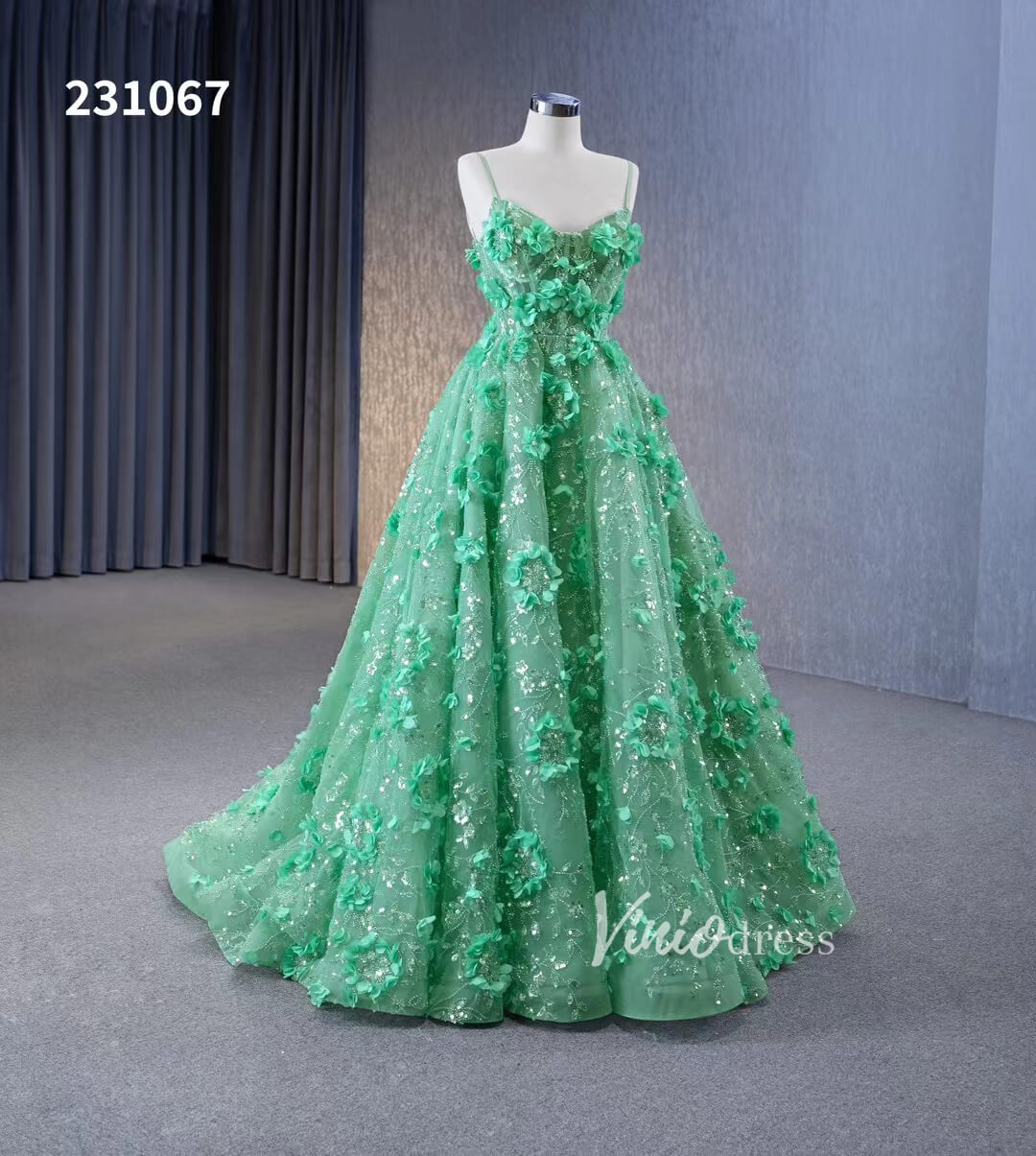 Prom Dress 2025 Light Green 3D Flower Lace Prom Dresses Spaghetti Strap Formal Dress 231067-unique prom dresses-Light Green-Custom Size-Viniodress