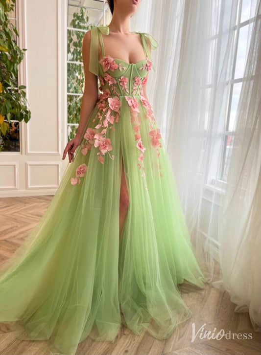 Light Green 3D Flower Prom Dresses with Pockets Bow Strap Floral Gown with Slit TO019 - Viniodressprom dressesLight GreenCustom Size - Formal Dresses - Ball Gowns