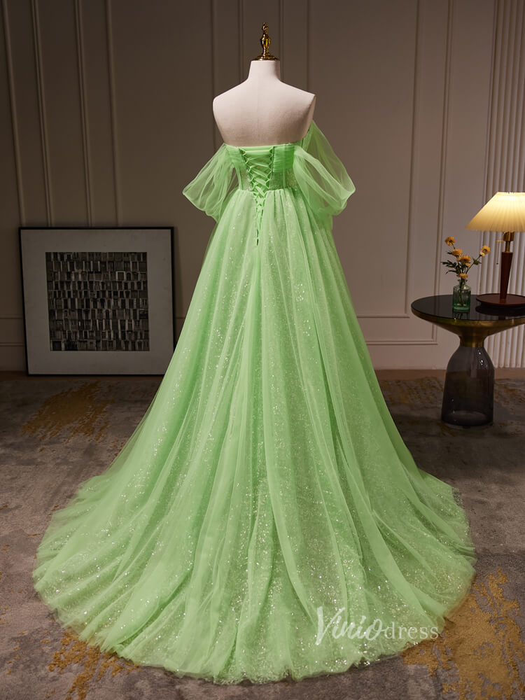 Prom Dress 2025 Light Green Off the Shoulder Tulle Prom Dresses Long Sparkly Formal Gown BJ034-unique prom dresses-Green-Custom Size-Viniodress