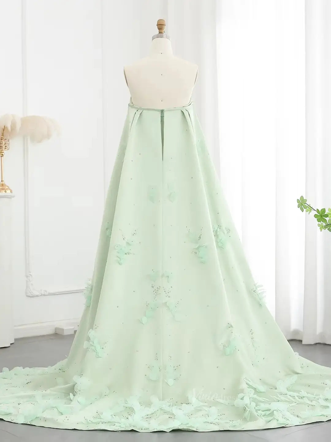 prom dresses 2025 Light Green Satin Prom Dresses Elegant Cape Train Formal Dresses with 3D Flowers BD041-plus size wedding dresses Viniodress-Light Green-US 2-