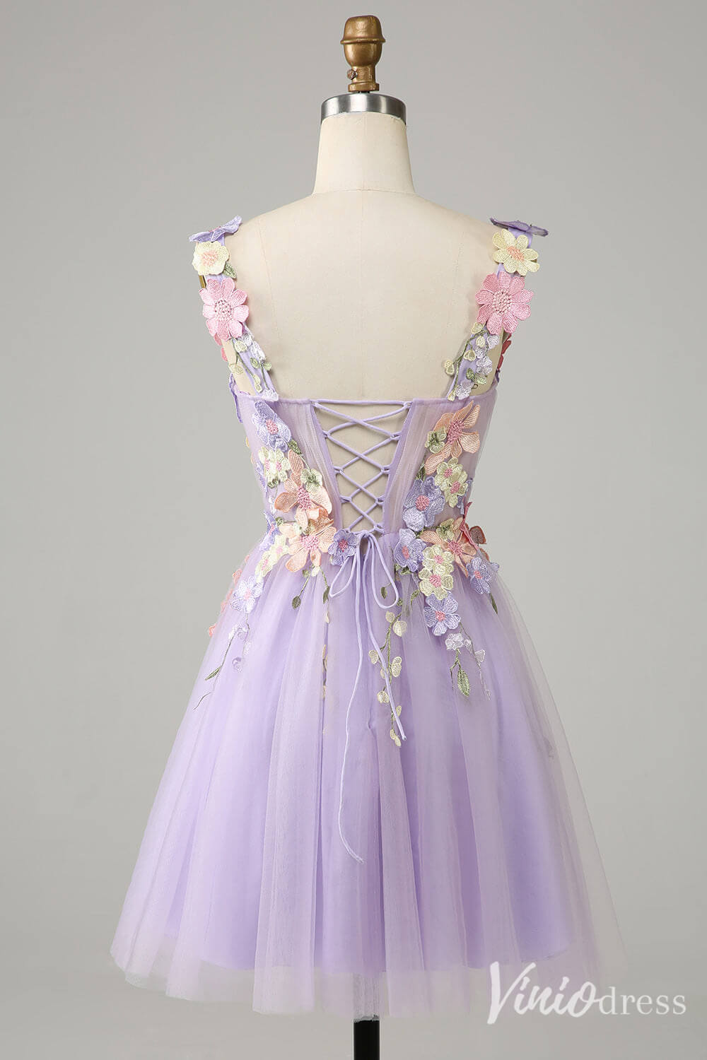 Lilac 3D Flower Homecoming Dresses Lace Applique Spaghetti Strap Back to School Dress S24057 - Viniodressprom dressesLilacCustom Size - Formal Dresses - Ball Gowns