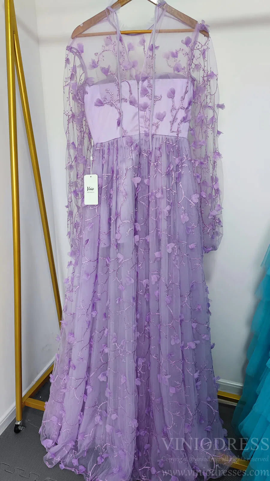 Prom Dress 2025 Lilac 3D Flower Lace Prom Dresses with Puffy Long Sleeves and Slit FD1726-unique prom dresses-Lilac-Custom Size-Viniodress