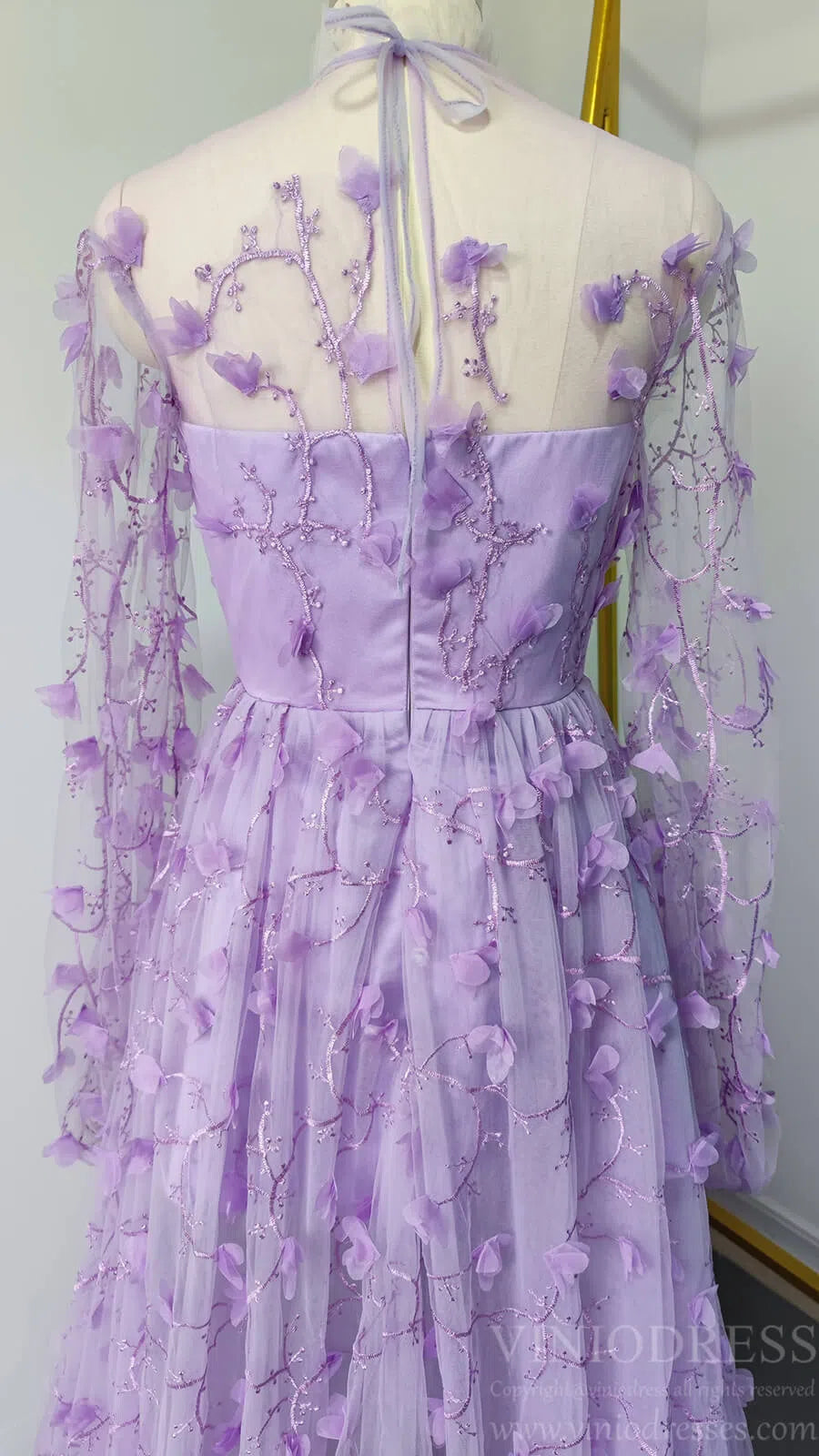 Prom Dress 2025 Lilac 3D Flower Lace Prom Dresses with Puffy Long Sleeves and Slit FD1726-unique prom dresses-Lilac-Custom Size-Viniodress