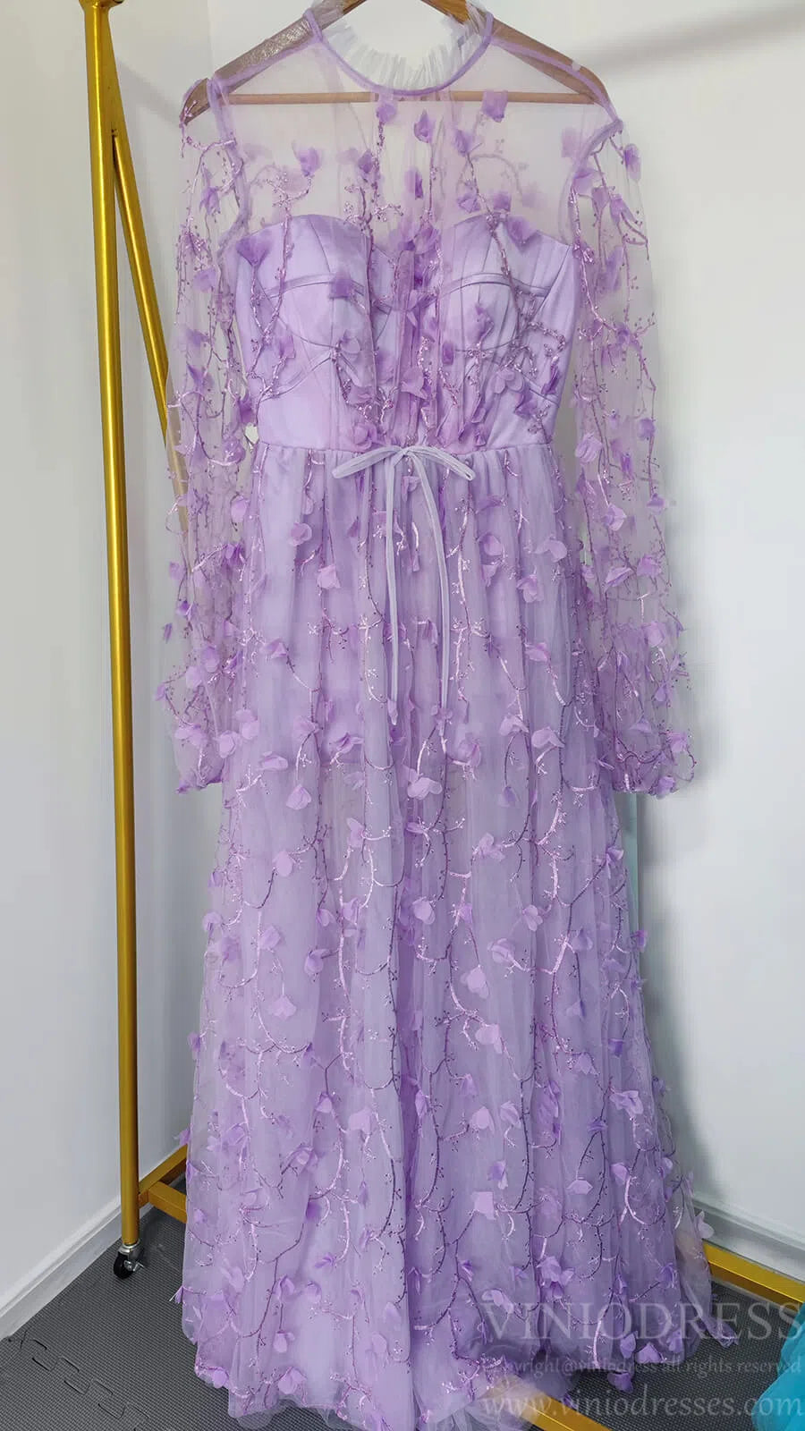 Prom Dress 2025 Lilac 3D Flower Lace Prom Dresses with Puffy Long Sleeves and Slit FD1726-unique prom dresses-Lilac-Custom Size-Viniodress