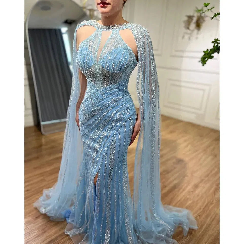 Prom Dress 2025 Lilac Beaded Mermaid Evening Dresses with Slit Cape Sleeve Pageant Dress AD1148-unique prom dresses-Light Blue-US 2-Viniodress