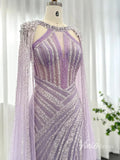 Prom Dress 2025 Lilac Beaded Mermaid Evening Dresses with Slit Cape Sleeve Pageant Dress AD1148-unique prom dresses-Lilac-US 2-Viniodress