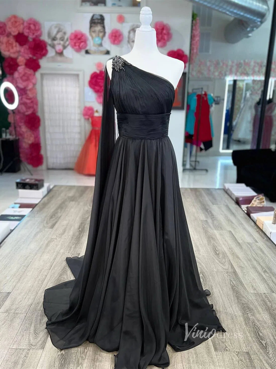 Prom Dress 2025 Long Chiffon Prom Dresses One Shoulder Watteau Train Evening Gowns FD2757-unique prom dresses-Black-Custom Size-Viniodress