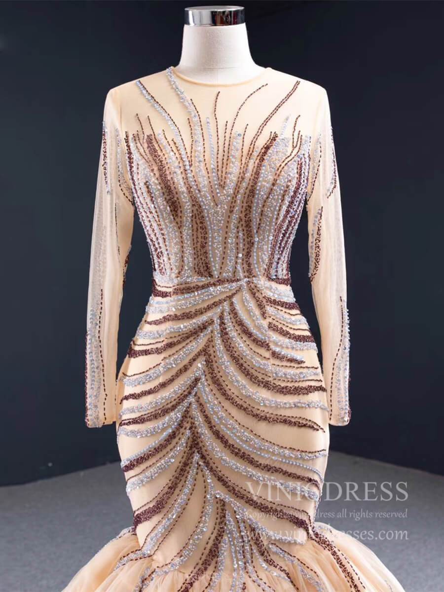 Prom Dress 2025 Long Sleeve Beaded Mermaid Prom Dresses Pageant Dress FD1992-unique prom dresses-As Picture-Custom Size-Viniodress