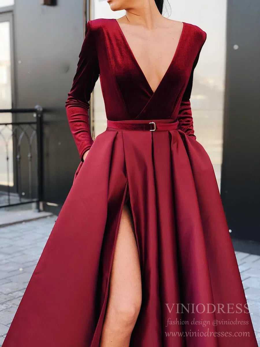 Prom Dress 2025 Long Sleeve V Neck Black and Burgundy Prom Dresses with Pockets FD1595-unique prom dresses-Black-Custom Size-Viniodress