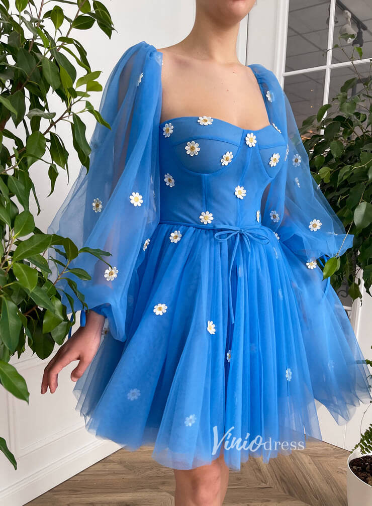 Short Prom Dresses 2025 Long Sleeve Blue Homecoming Dress Daisy Dress with Pockets FD2775-prom dresses-Viniodress-Blue-Custom Size-Viniodress