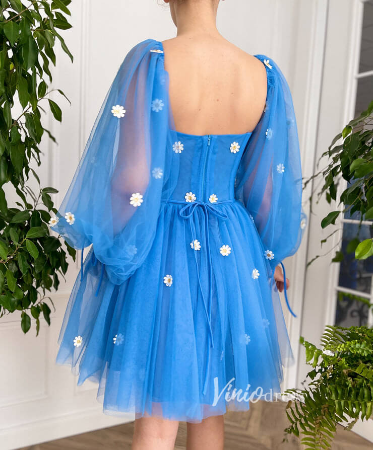 Short Prom Dresses 2025 Long Sleeve Blue Homecoming Dress Daisy Dress with Pockets FD2775-prom dresses-Viniodress-Blue-Custom Size-Viniodress