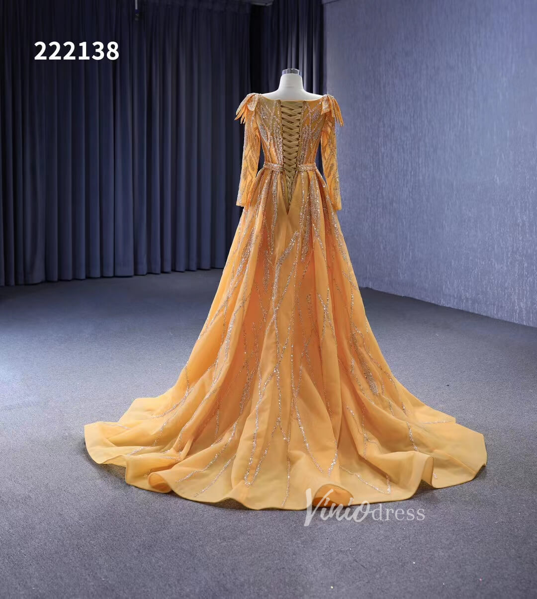 Prom Dress 2025 Long Sleeve Gold Wedding Dresses Removable Overskirt Pageant Dress 222138-unique prom dresses-Gold-Custom Size-Viniodress