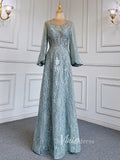 Prom Dress 2025 Long Sleeve Gray Lace Mother of the Bride Dresses 20005-unique prom dresses-Green-US 2-Viniodress