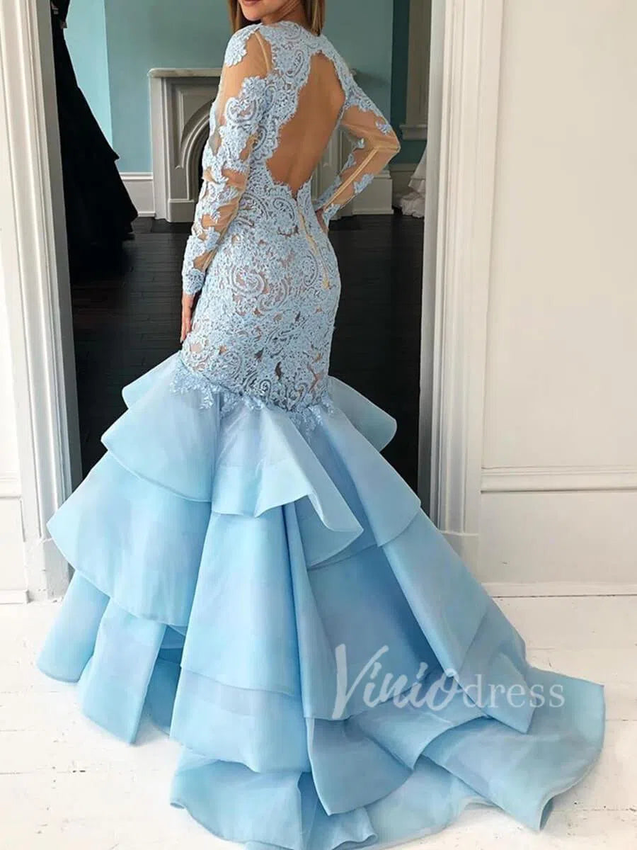 Prom Dress 2025 Long Sleeve Mermaid Prom Dresses Light Blue Lace Pageant Dress FD1559-unique prom dresses-Light Blue-Custom Size-Viniodress