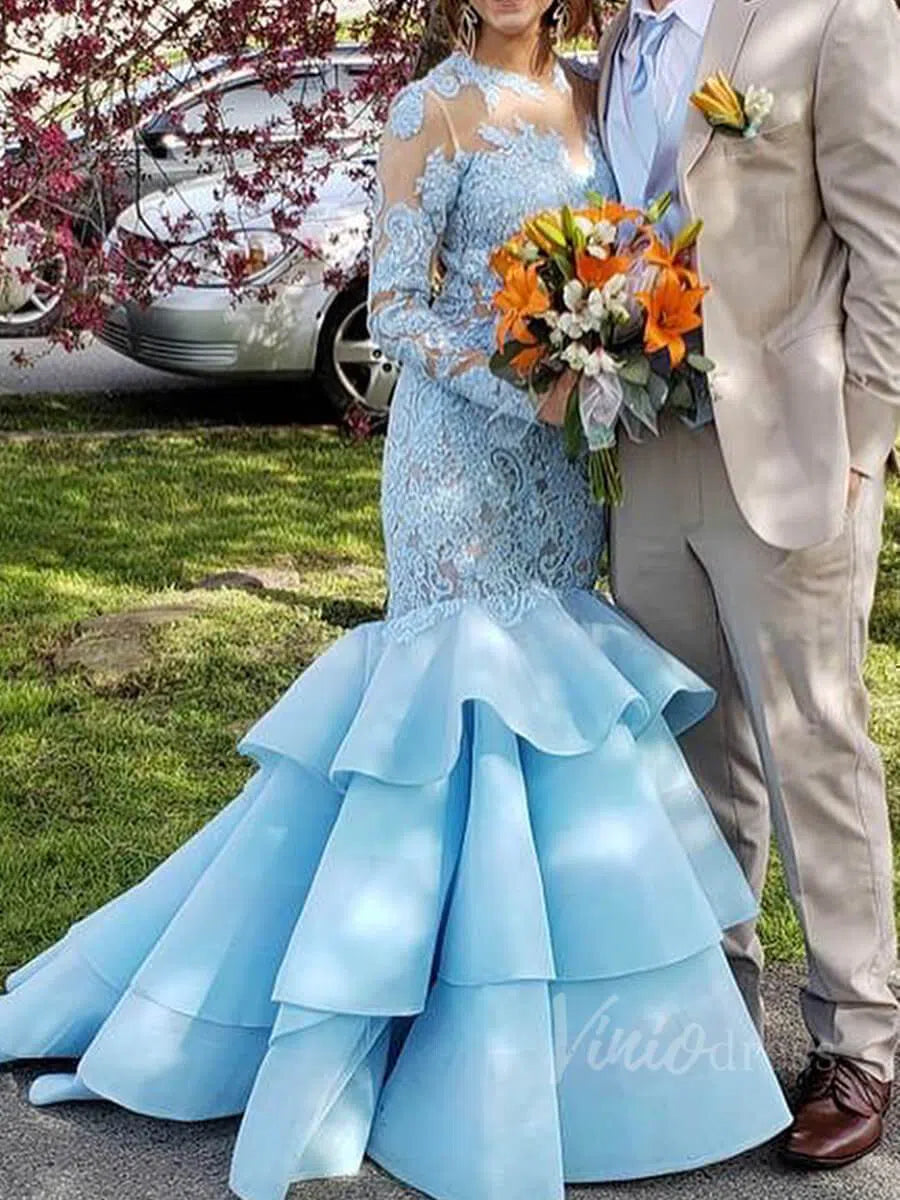 Prom Dress 2025 Long Sleeve Mermaid Prom Dresses Light Blue Lace Pageant Dress FD1559-unique prom dresses-Light Blue-Custom Size-Viniodress