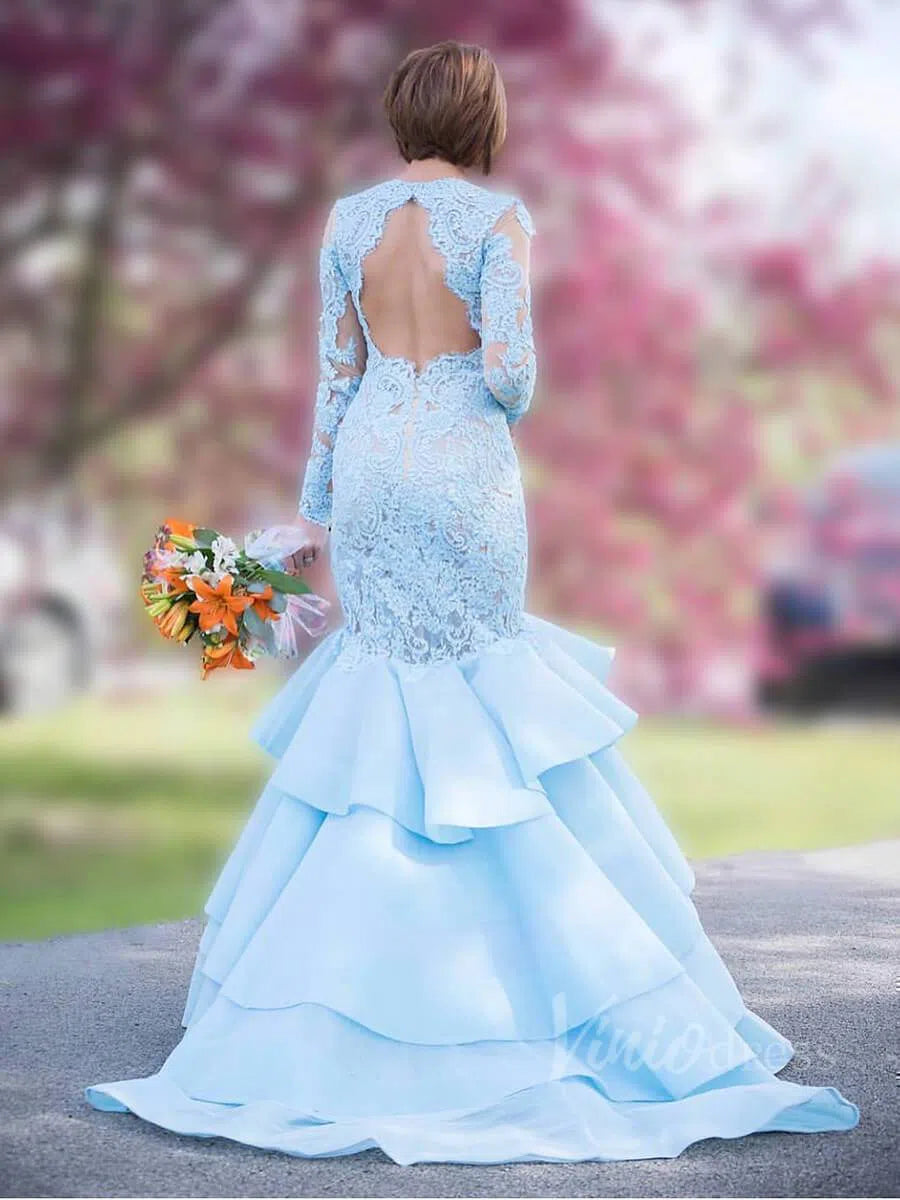 Prom Dress 2025 Long Sleeve Mermaid Prom Dresses Light Blue Lace Pageant Dress FD1559-unique prom dresses-Light Blue-Custom Size-Viniodress