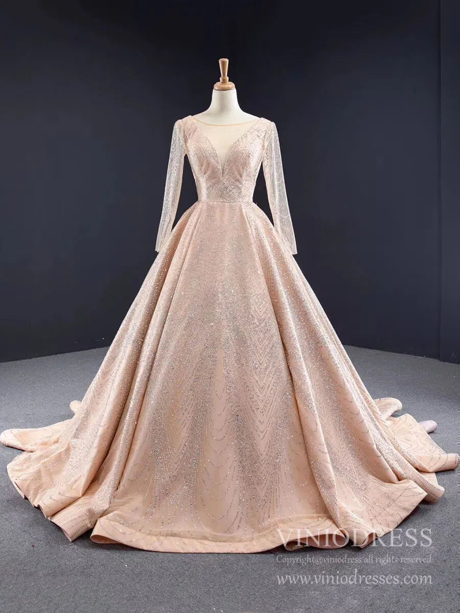 prom dresses 2025 Long Sleeve Sparkly Rose Gold Ball Gown Wedding Dresses FD1997 viniodress-plus size wedding dresses Viniodress-Champagne-Custom Size-