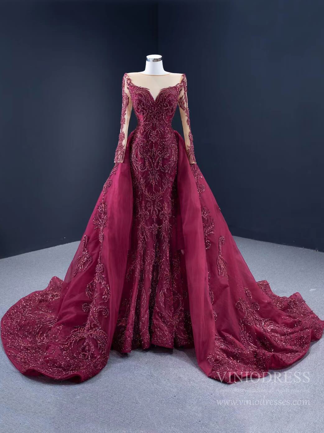 Prom Dress 2025 Luxury Beaded Burgundy Formal Dress Long Sleeve Pageant Dresses 67250 viniodress-unique prom dresses-Burgundy-Custom Size-Viniodress