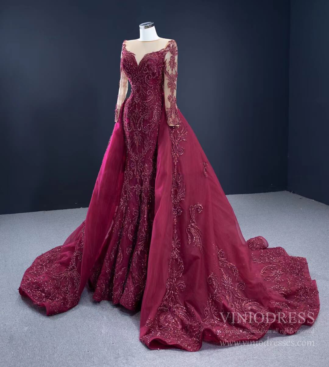 Prom Dress 2025 Luxury Beaded Burgundy Formal Dress Long Sleeve Pageant Dresses 67250 viniodress-unique prom dresses-Burgundy-Custom Size-Viniodress