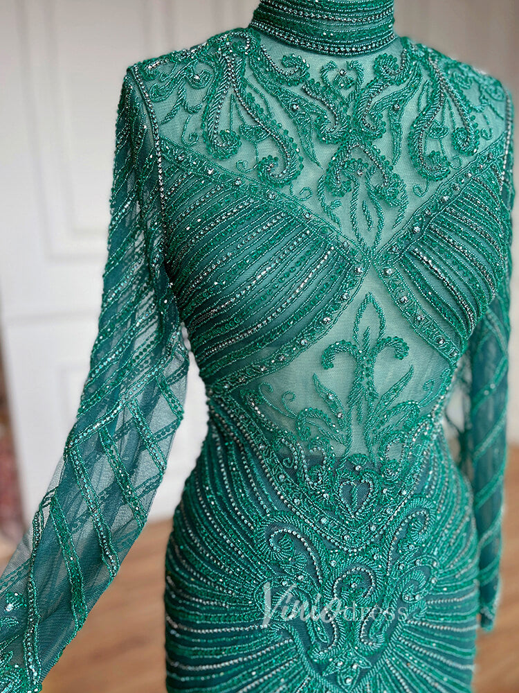 Prom Dress 2025 Luxury Beaded Long Sleeve Evening Dresses High Neck Mother of the Bride Dress 20018-unique prom dresses-As Picture-US 2-Viniodress