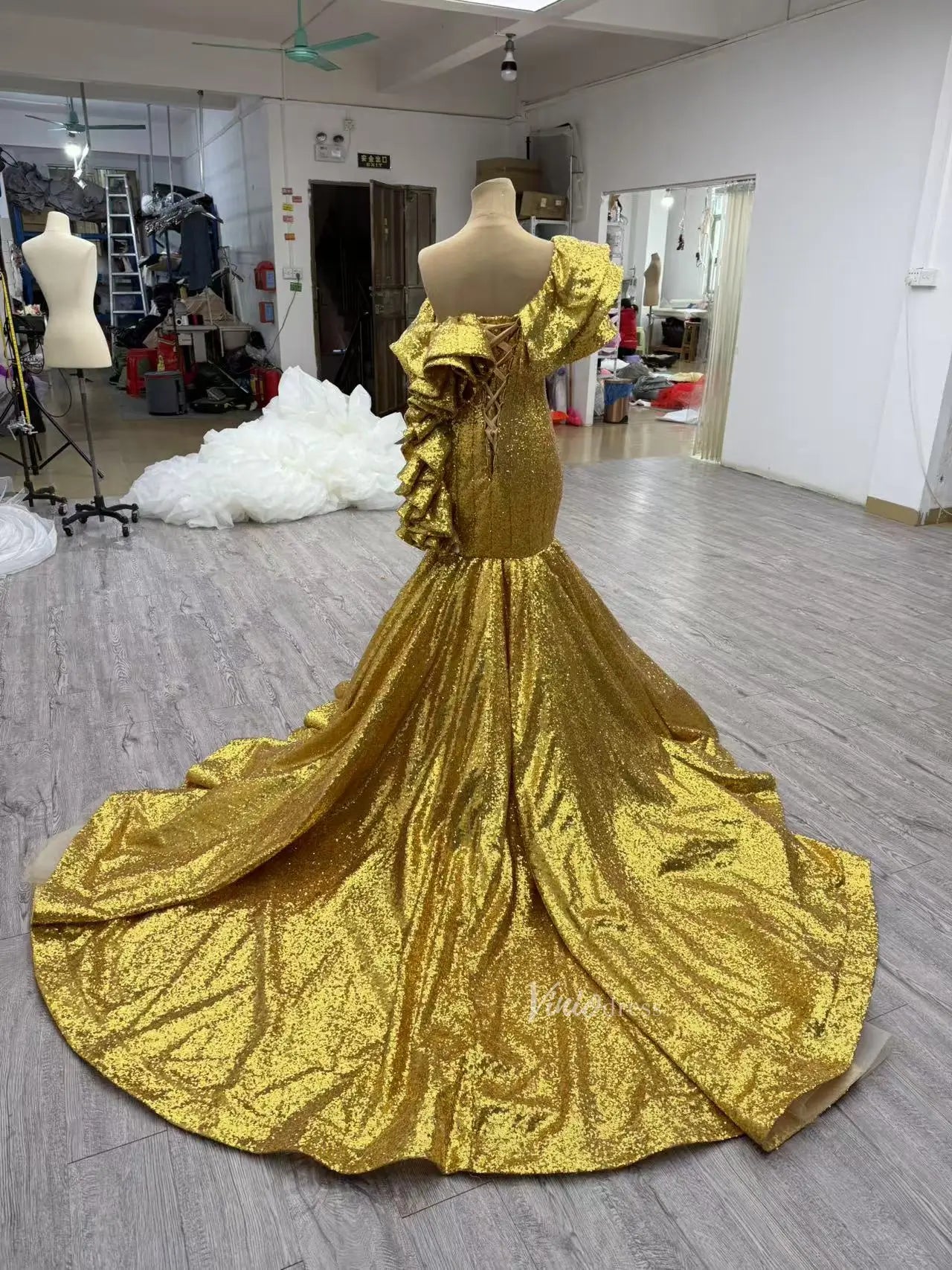 prom dresses 2025 Luxury Gold Sequin Mermaid Prom Dresses Glittery Pageant Gown 66916-plus size wedding dresses Viniodress-Gold-Custom Size-