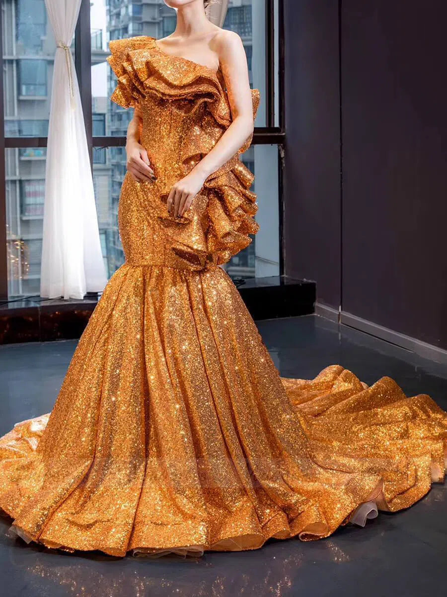 Prom Dress 2025 Luxury Gold Sequin Mermaid Prom Dresses Glittery Pageant Gown 66916-unique prom dresses-Gold-Custom Size-Viniodress