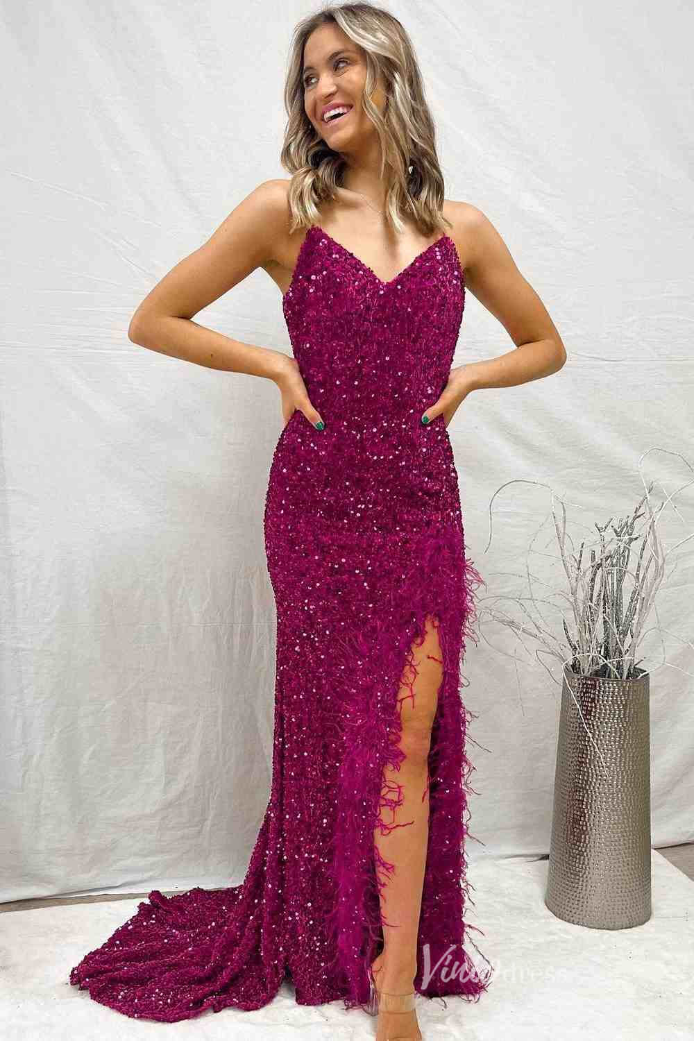 Prom Dress 2025 Magenta Sequin Mermaid Cheap Prom Dresses with Feather Slit Spaghetti Strap FD4102-unique prom dresses-Magenta-Custom Size-Viniodress