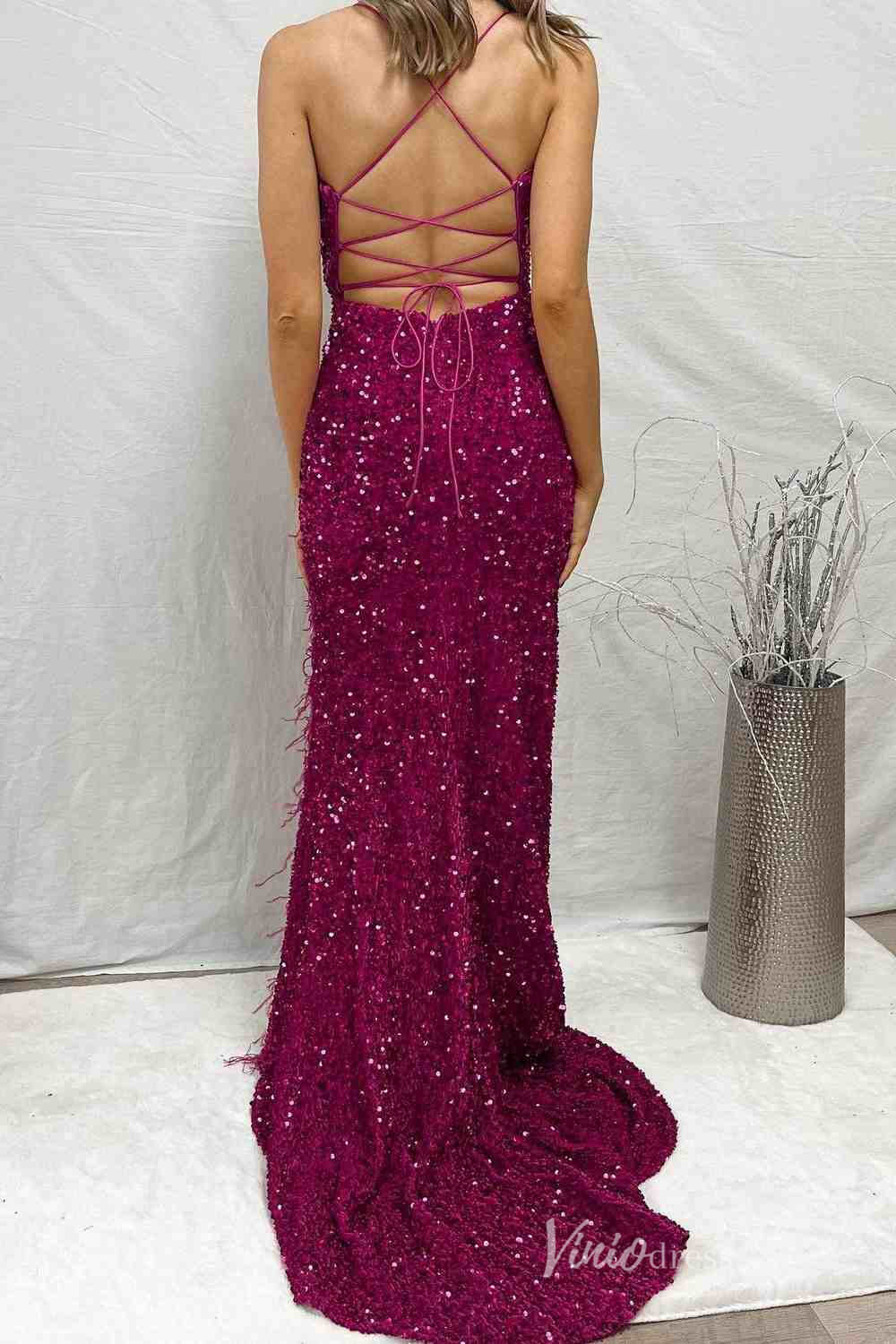 Magenta Sequin Mermaid Prom Dresses with Feather Slit Spaghetti Strap FD4102 - Viniodressprom dressesMagentaCustom Size - Formal Dresses - Ball Gowns