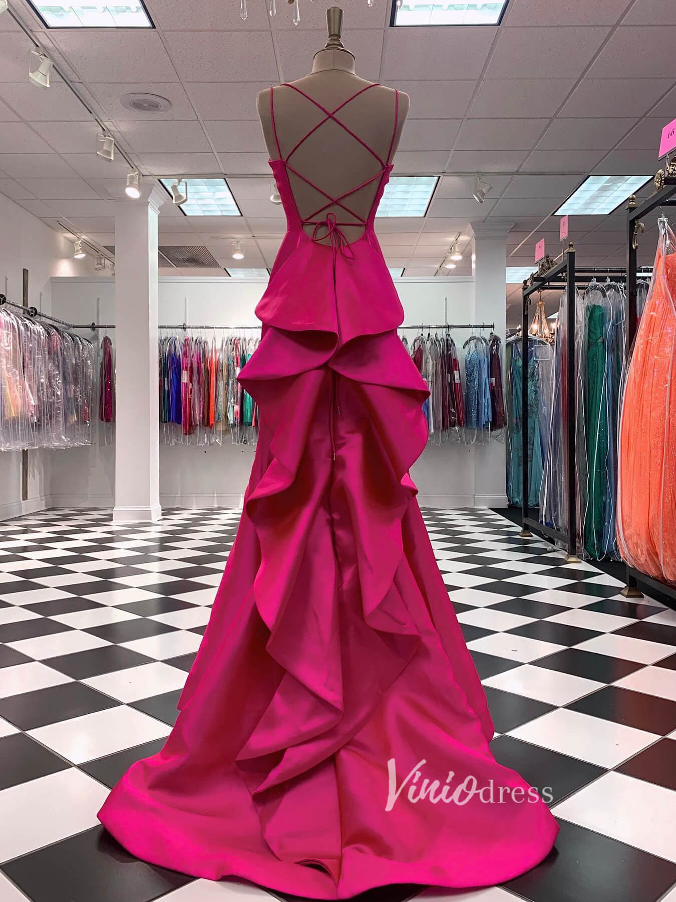 Prom Dress 2025 Magenta Spaghetti Strap Mermaid Prom Dresses with Ruffle Tail FD2742-unique prom dresses-Magenta-Custom Size-Viniodress