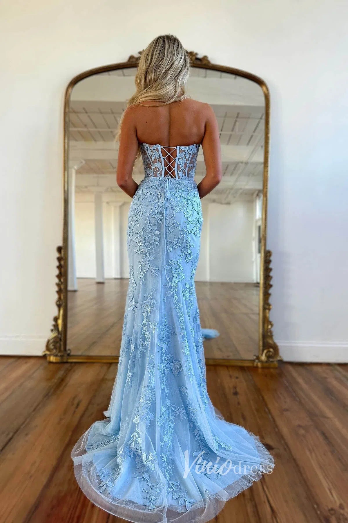 Prom Dress 2025 Mermaid Strapless Lace Prom Dresses Long Evening Dress FD1250F-unique prom dresses-Light Blue-Custom Size-Viniodress