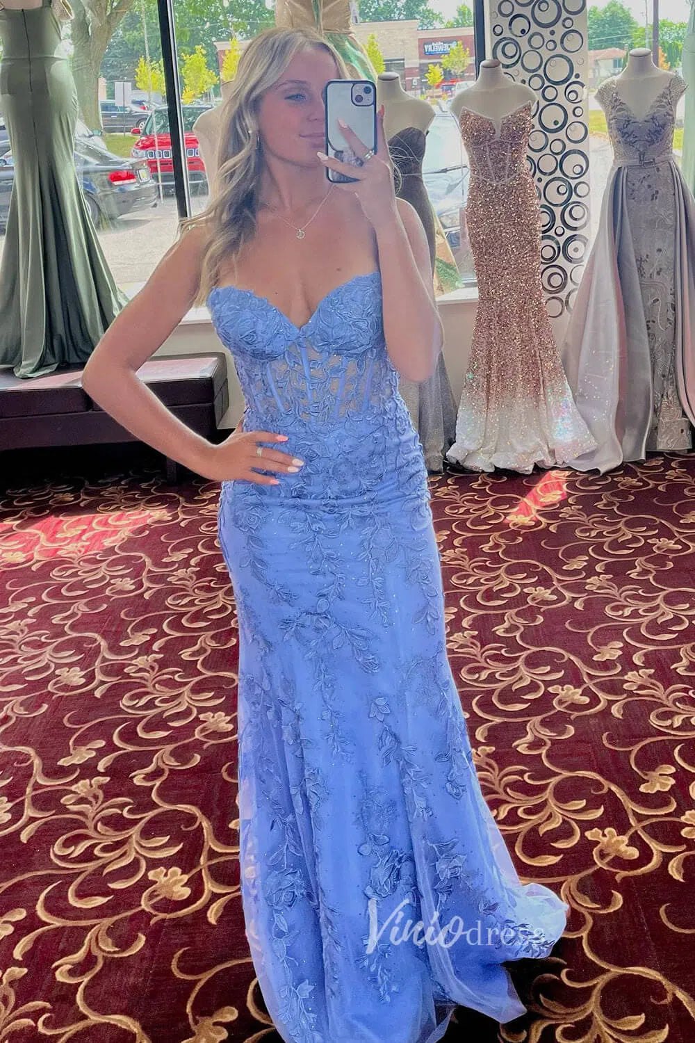 Prom Dress 2025 Mermaid Strapless Lace Prom Dresses Long Evening Dress FD1250F-unique prom dresses-Light Blue-Custom Size-Viniodress