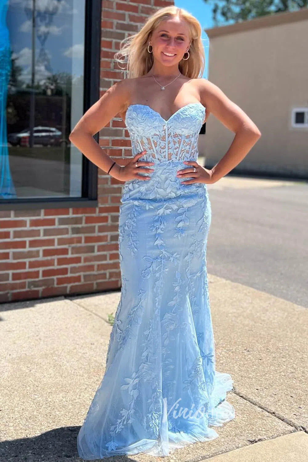 Prom Dress 2025 Mermaid Strapless Lace Prom Dresses Long Evening Dress FD1250F-unique prom dresses-Light Blue-Custom Size-Viniodress