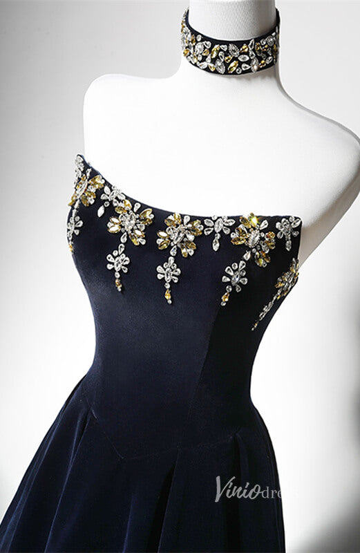 Prom Dress 2025 Navy Blue Beaded Velvet Prom Dresses Strapless Halter Neck Formal Dress AD1200-unique prom dresses-Navy Blue-Custom Size-Viniodress