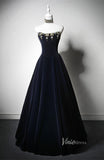 Prom Dress 2025 Navy Blue Beaded Velvet Prom Dresses Strapless Halter Neck Formal Dress AD1200-unique prom dresses-Navy Blue-Custom Size-Viniodress