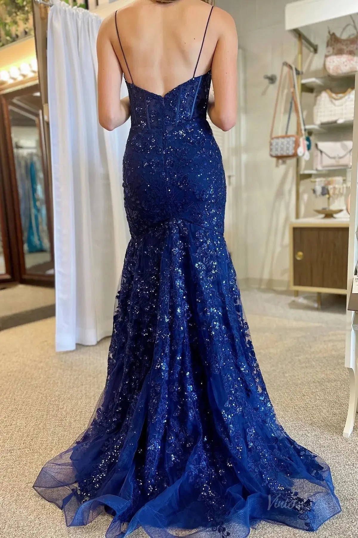 Navy Blue Sequin Lace Mermaid Prom Dress 2025 with Spaghetti Strap & Plunging V-Neck – FD5037