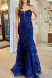 Navy Blue Sequin Lace Mermaid Prom Dress 2025 with Spaghetti Strap & Plunging V-Neck – FD5037