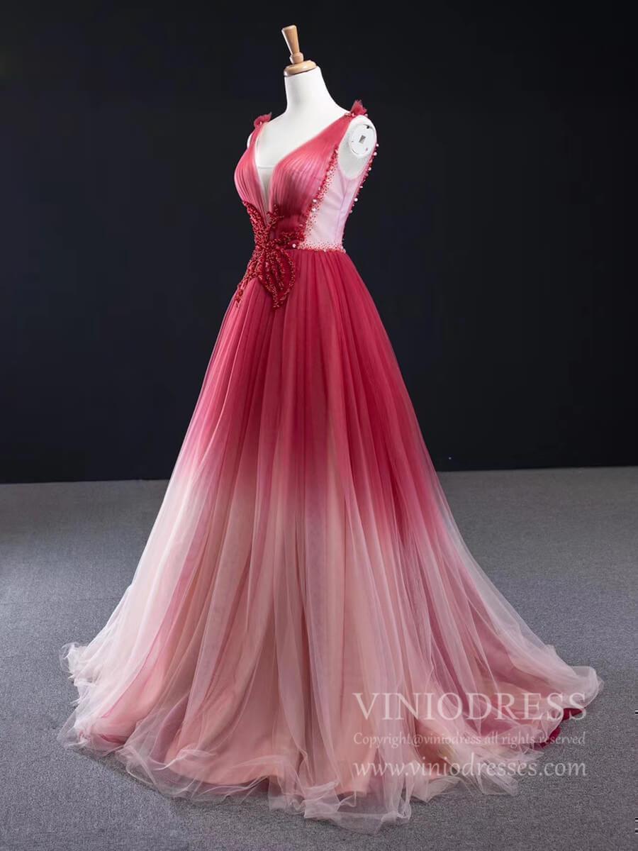 Prom Dress 2025 New Ombre Red Long Prom Dresses Beaded Formal Dress FD1994-unique prom dresses-As Picture-Custom Size-Viniodress