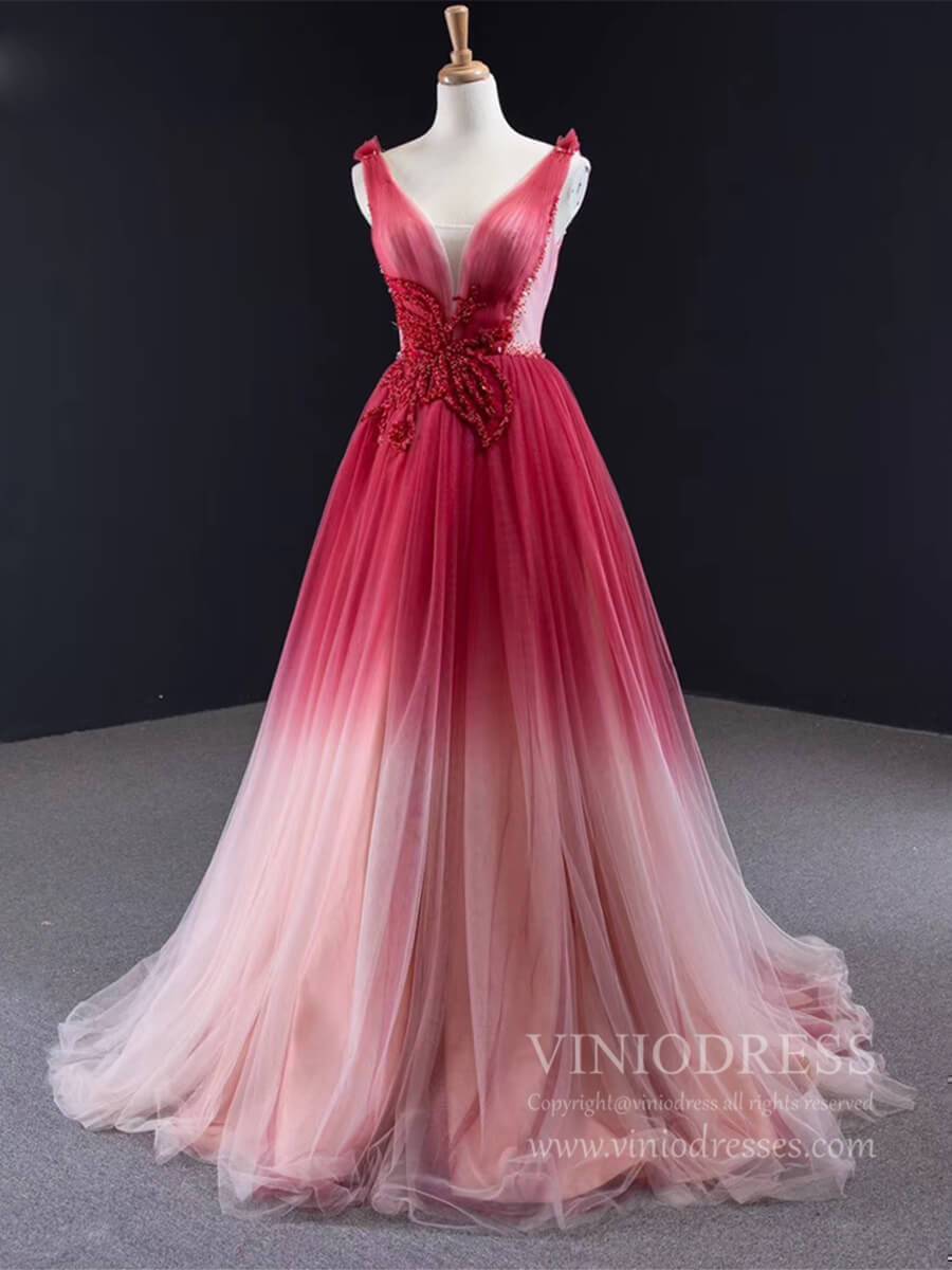 Prom Dress 2025 New Ombre Red Long Prom Dresses Beaded Formal Dress FD1994-unique prom dresses-As Picture-Custom Size-Viniodress