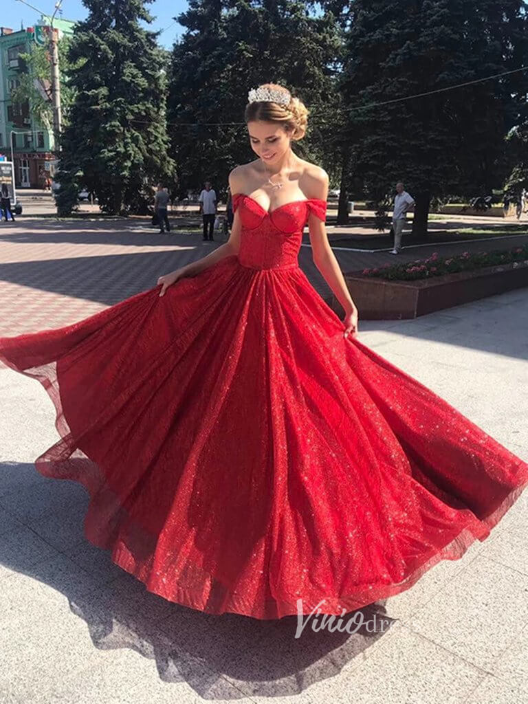 Prom Dress 2025 Off Shoulder Red Prom Dresses Shiny Sweet 15 Dress FD2654-unique prom dresses-Red-Custom Size-Viniodress