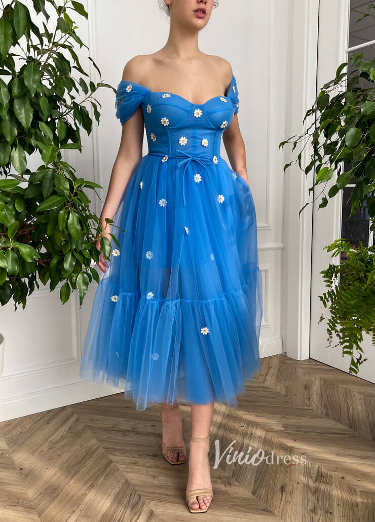 Short Prom Dresses 2025 Off the Shoulder Blue Prom Dress Daisy Flower Formal Dress FD2774-prom dresses-Viniodress-Blue-Custom Size-Viniodress