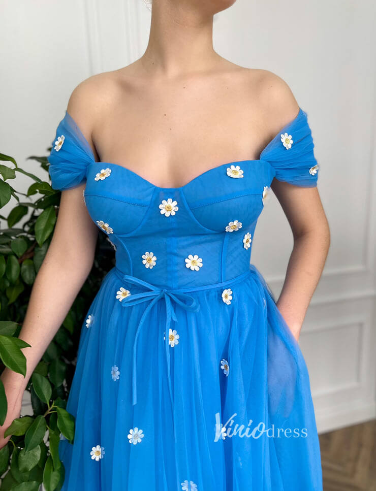 Short Prom Dresses 2025 Off the Shoulder Blue Prom Dress Daisy Flower Formal Dress FD2774-prom dresses-Viniodress-Blue-Custom Size-Viniodress