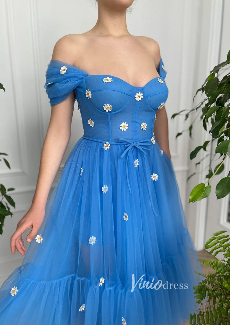 Short Prom Dresses 2025 Off the Shoulder Blue Prom Dress Daisy Flower Formal Dress FD2774-prom dresses-Viniodress-Blue-Custom Size-Viniodress