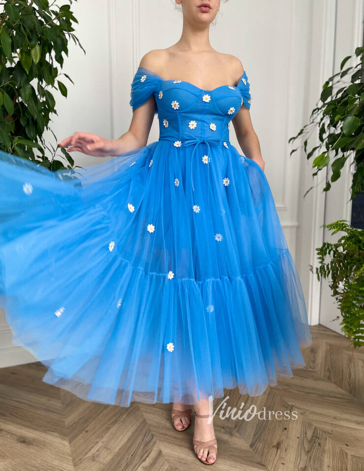 Short Prom Dresses 2025 Off the Shoulder Blue Prom Dress Daisy Flower Formal Dress FD2774-prom dresses-Viniodress-Blue-Custom Size-Viniodress