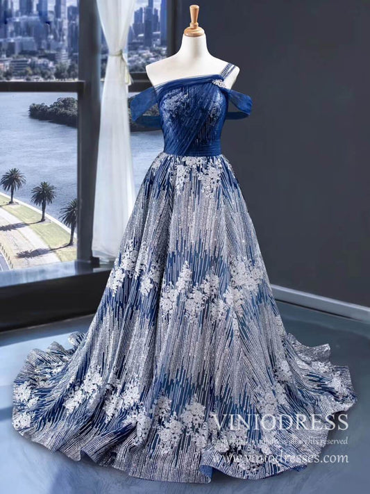 Prom Dress 2025 Off the Shoulder Glittery Silver & Blue Long Prom Dresses 2020 FD1979 viniodress-unique prom dresses-As Picture-Custom Size-Viniodress